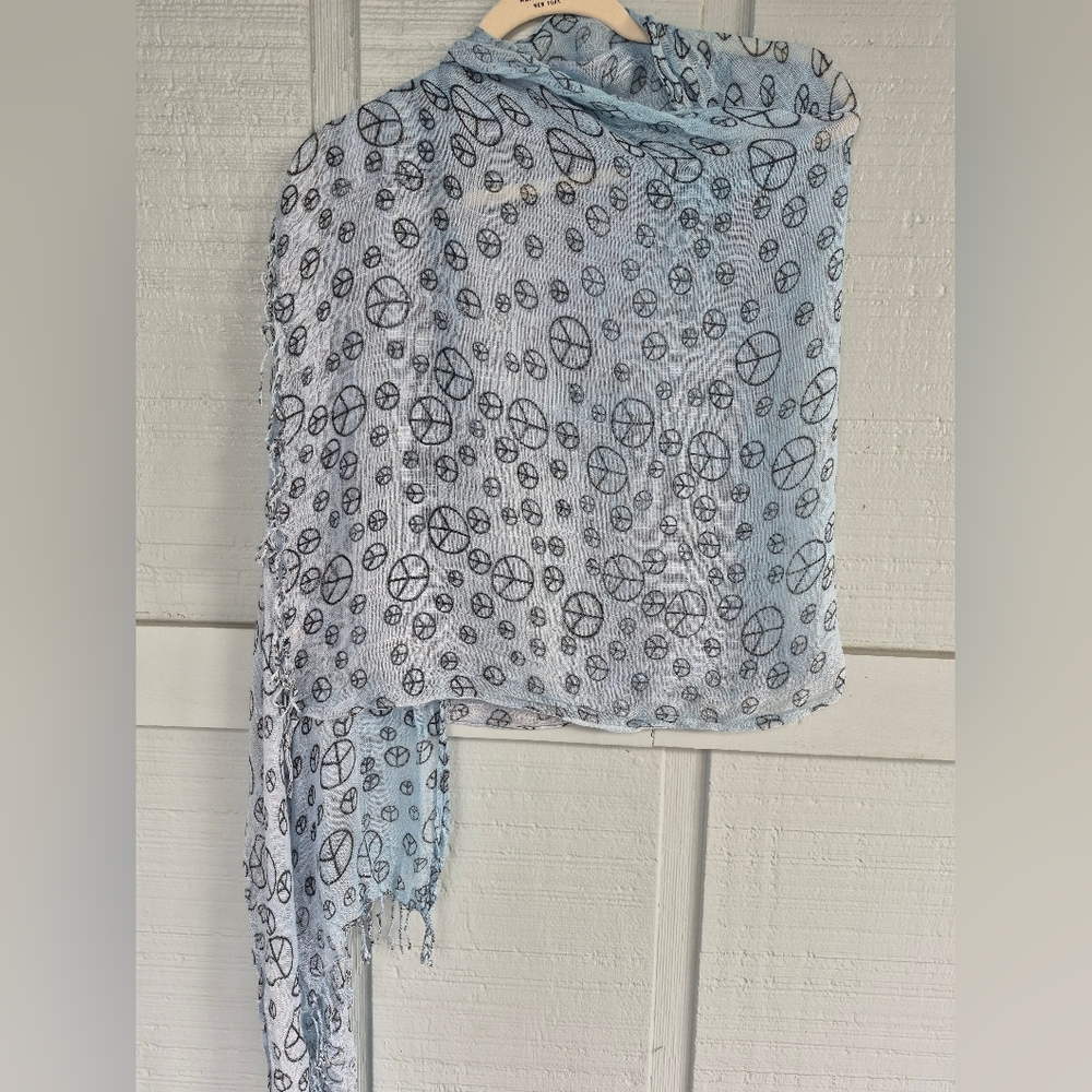 Peace Sign Light Blue Shawl, Long Scarf, or Wrap O/S Boho Hippie - Picture 4 of 6